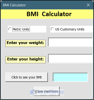BMI Calculator in Excel VBA UserForm