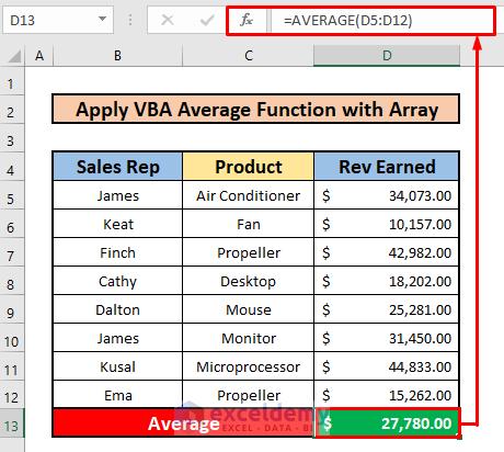 Apply VBA Average Function to Calculate Average of Array