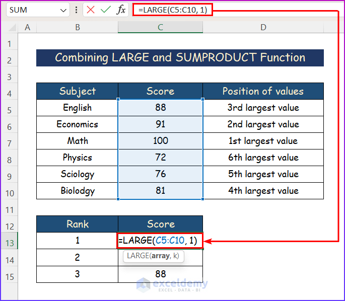 Use of LARGE Function in Excel