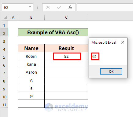 Example to use VBA Asc Function