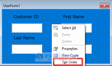 right click on user form to change tabbing order in excel
