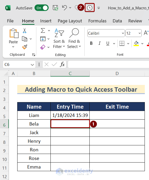 Run the insert macro from the Quick Access Toolbar