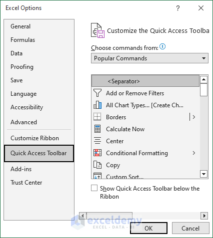 Quick Access Toolbar in the Excel Options window