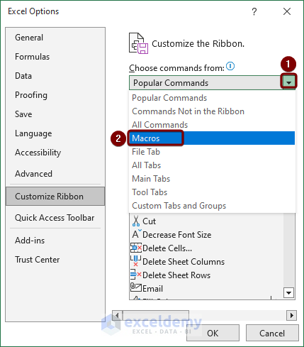 Select macros to customize the Quick Access Toolbar