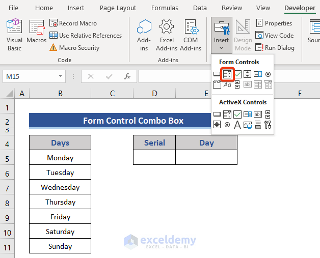 Add Form Control Combo Box in Excel