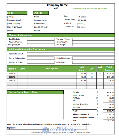 Proforma Invoice for Advanced Payments in Excel