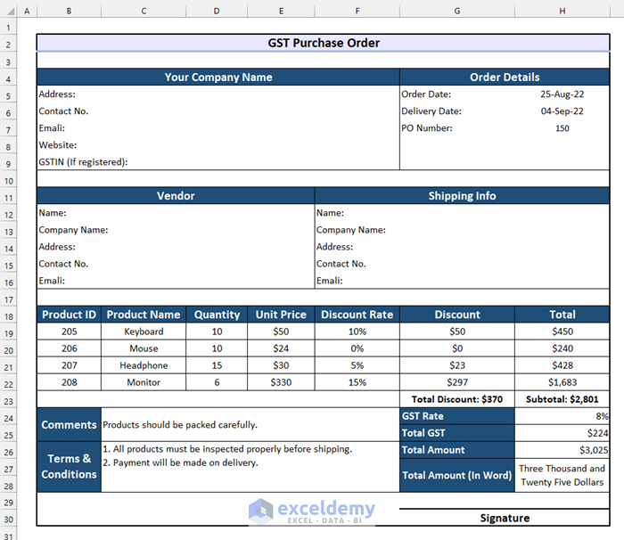 GST Purchase Order Format in Excel