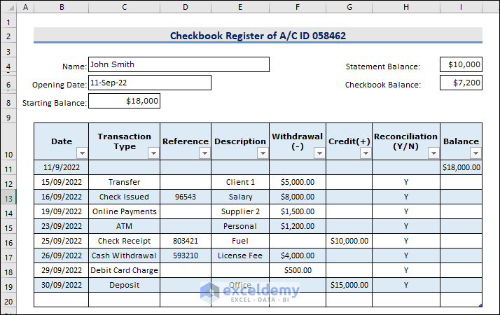 Excel Checkbook Register with Reconciliation