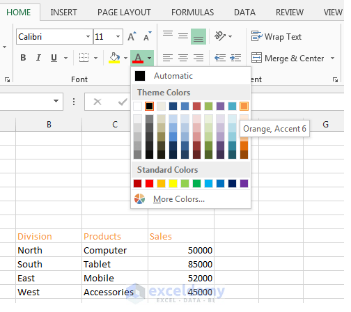 Change Font Fill Color in Excel