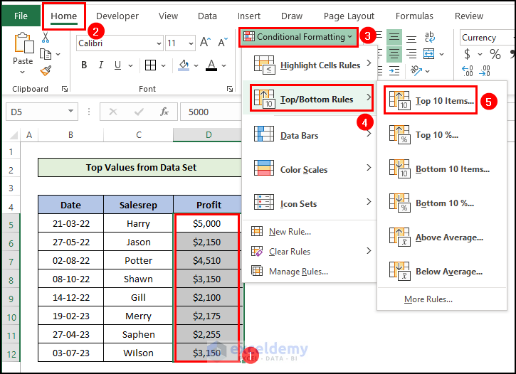 Choosing Top 10 Items option form Top/Bottom Rules list of Excel Conditional Formatting