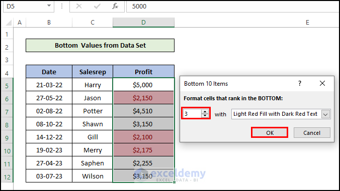 Do Conditional Formatting in Excel to find Bottom Values from Data Set