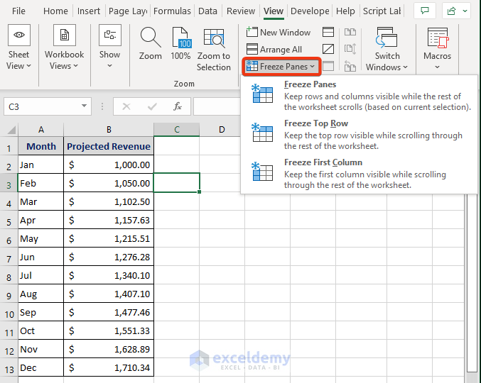 Use of Microsoft Excel: Freeze Panes