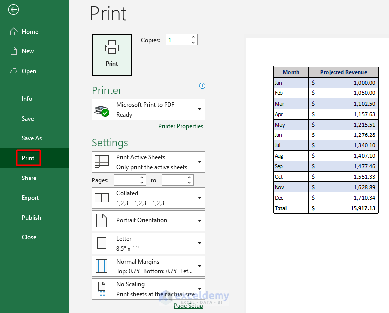 Use of Microsoft Excel: Print