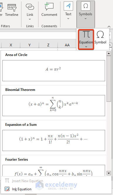 Use of Microsoft Excel: Equation