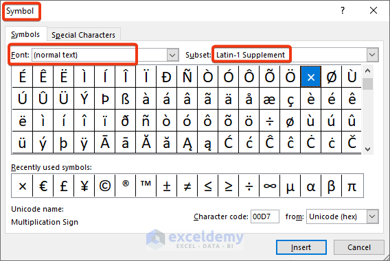 Use of Microsoft Excel: Symbol