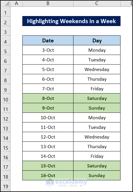 highlighting weekends in a week using conditional formatting formula excel