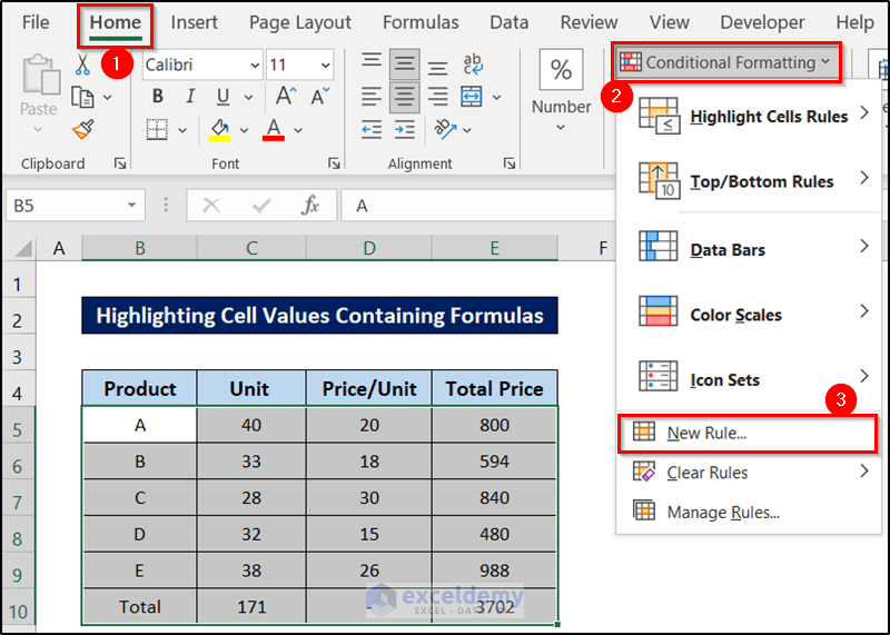 new rule for highlighting cell values containing formulas