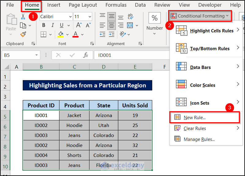 new rule for highlighting sales from a particular region using conditional formatting formula excel