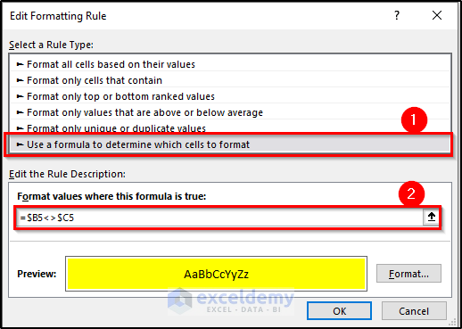 formatting rule for highlighting column differences in conditional formatting formula excel