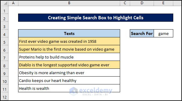 creating simple search box to highlight cells using conditional formatting formula excel