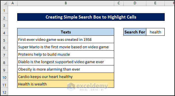 creating simple search box to highlight cells using conditional formatting formula excel different result test