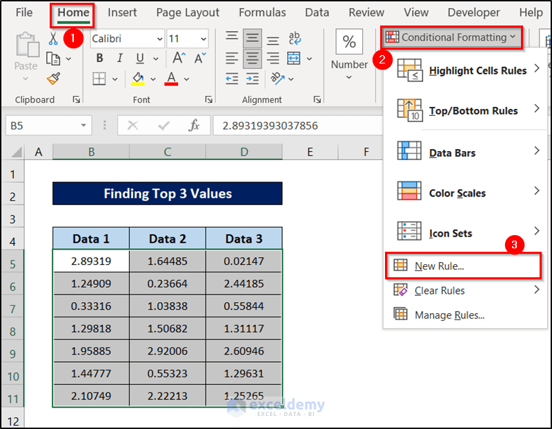 new rule for finding top 3 values using conditional formatting formula excel
