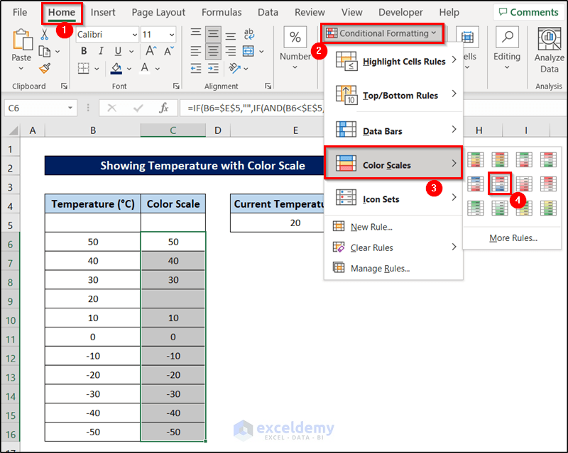 editing new rule for temperature scale using conditional formatting formula excel