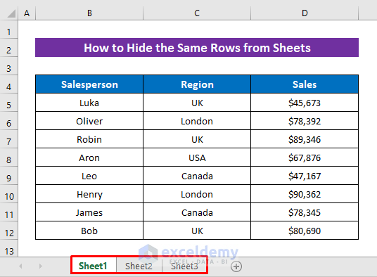 Hide the Same Rows Across Multiple Excel Worksheets