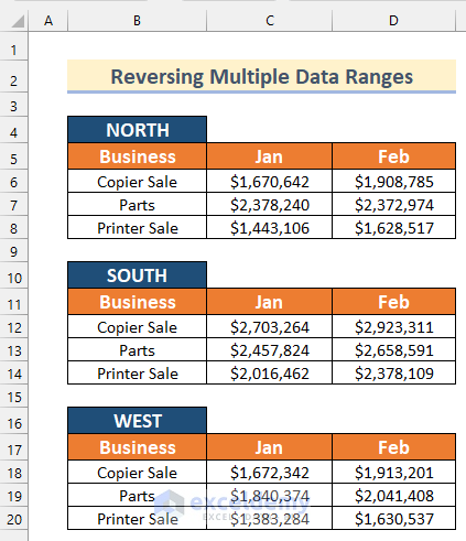 Reverse Multiple Data Ranges in Excel