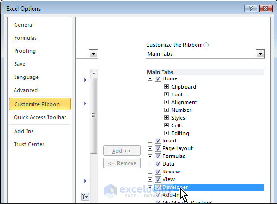 Select Developer option in the Customize Ribbon window in the Excel Options dialog box.