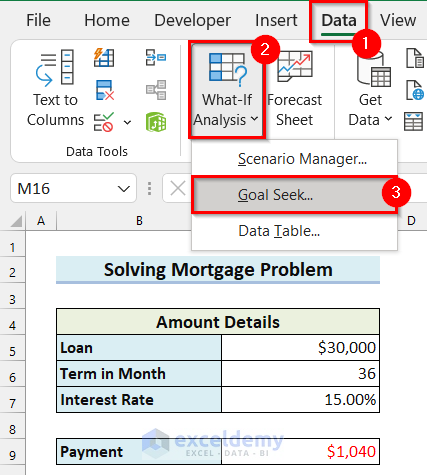 Selecting What-If Analysis Command to use Goal Seek in Excel