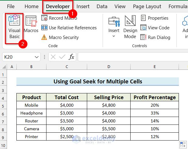 Opening Visual Basic Window to Use Goal Seek in Excel for Multiple Cells