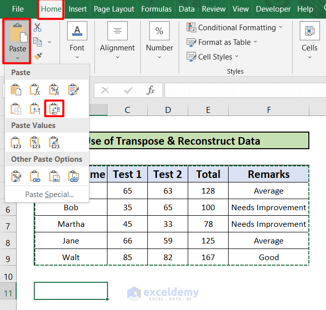 Transpose to paste special commands in excel