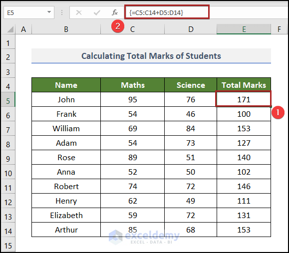 Using Array Formula in Excel to Calculate Total Marks of Students