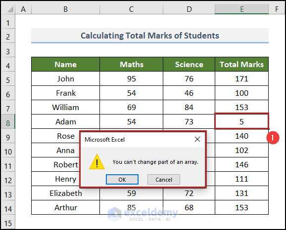 Excel Showing Warning Box while Trying to Change Any Item inside the Array