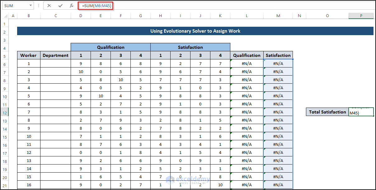 Calculate Total Satisfaction to Assign Work Using Evolutionary Solver in Excel 