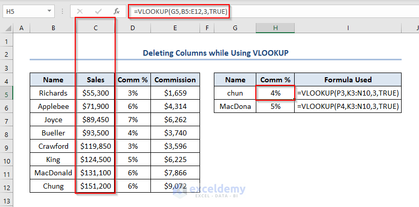 VLOOKUP Function Does Not Adjust Column Offset while deleting Columns