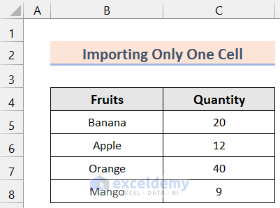 import only one cell data from word to excel