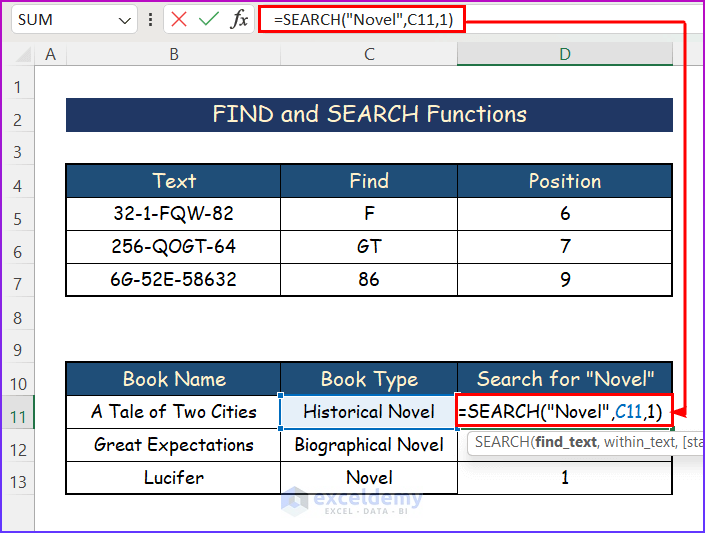 Using SEARCH Substring Function in Excel