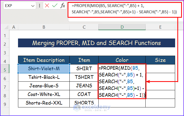 Merging PROPER, MID and SEARCH Substring Functions in Excel