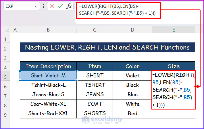 Nesting LOWER, RIGHT, LEN and SEARCH Substring Functions in Excel