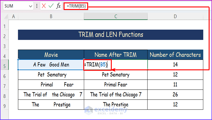 Using TRIM Substring Function in Excel