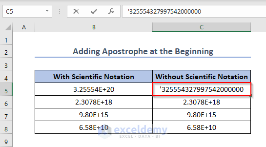 Adding Apostrophe at the Beginning to Turn Off Scientific Notation in Excel
