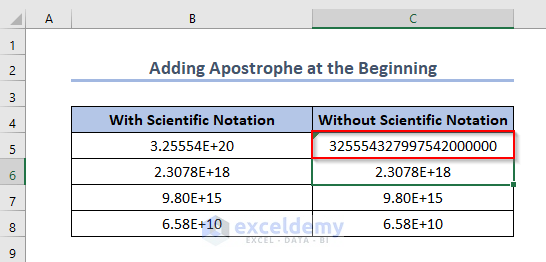 Adding Apostrophe at the Beginning to Turn Off Scientific Notation in Excel