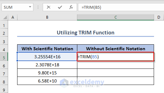 Utilizing TRIM Function to Turn Off Scientific Notation in Excel