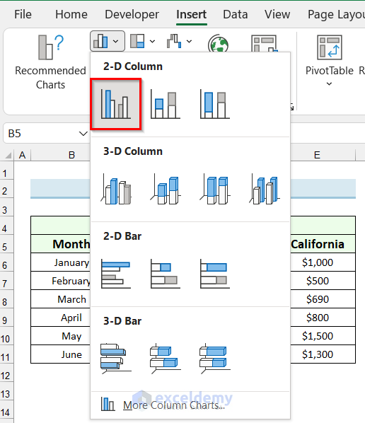 Selecting Clustered Column to Create a Bar Graph in Excel