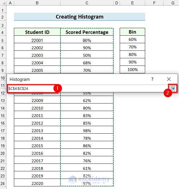 Selecting Data to Create a Histogram in Excel