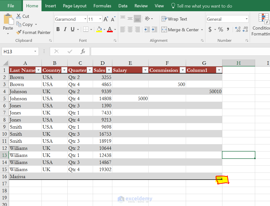 Expanding Excel table