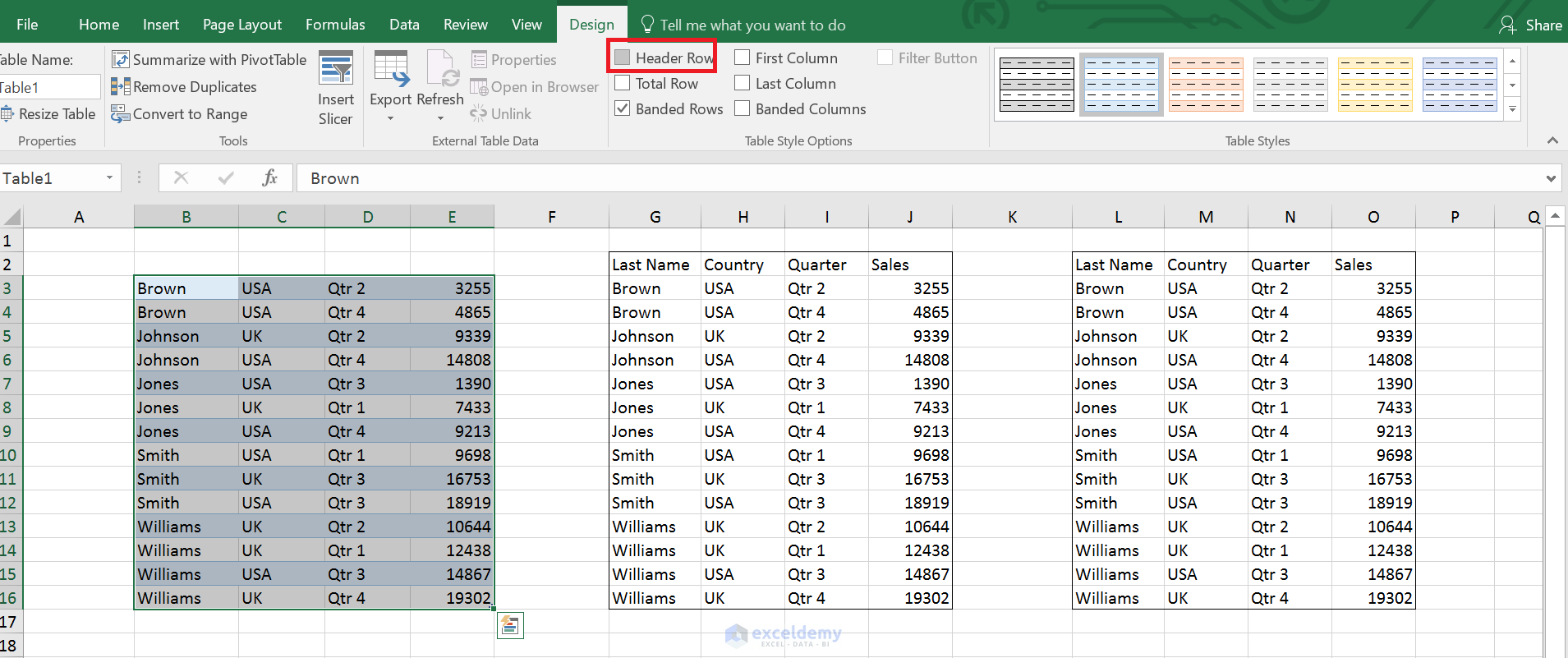 Adding and deleting elements to Excel Tables