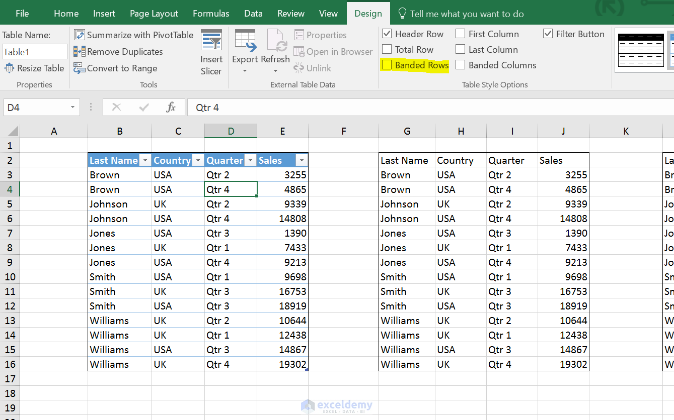 Banded Rows in Excel Tables